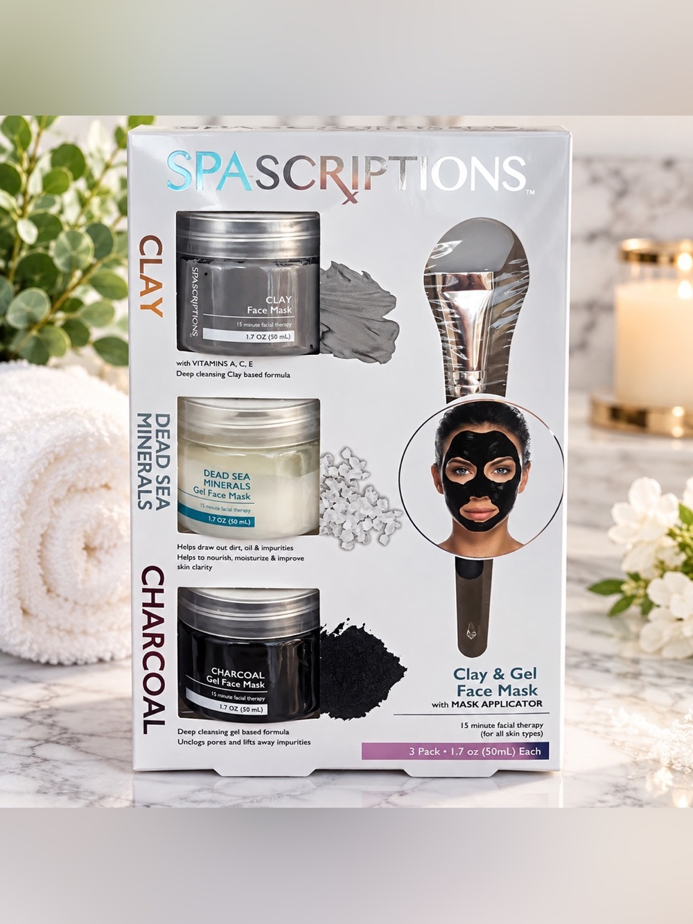✨ SPASCRIPTIONS 3-Pack Clay & Gel Face Masks with Mask Applicator – NWT ✨